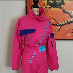 Vintage Nils 1980s 1990s NEON Pink and blue One piece women ski suit size 6